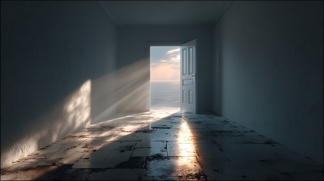 Minimalist corridor with an open door and bright sunlight flooding in, depicting clarity, decision-making, and stepping into a refreshed lifestyle or new opportunity.