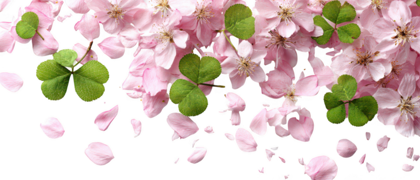 Pink blossoms and green clover leaves isolated on transparent background - Powered by Adobe