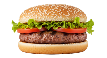 Deliciously Crafted Burger: A mouthwatering burger with a toasted sesame seed bun, juicy grilled patty, fresh lettuce and ripe tomato slices, promising a symphony of flavors in every bite.