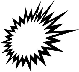 Black and white starburst graphic with jagged edges, used for impact, excitement, or comic-style explosions.