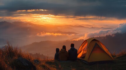 A serene camping scene at sunset, showcasing friends enjoying nature and the beauty of the outdoors.