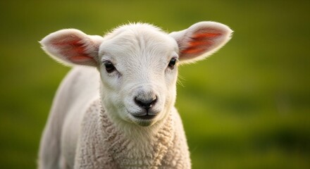 Obraz premium Close-up portrait of a white lamb with floppy ears, facing forward against a blurred green grassy background.