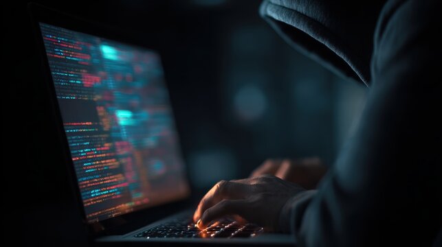 A shadowy figure typing on a laptop, illuminated by the glow of the screen, depicting the world of cyber activity.