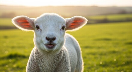 Obraz premium Adorable lamb in a sunlit pasture, gazing directly at the camera.