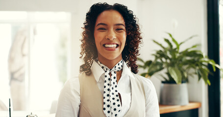 Hospitality, portrait and woman at hotel reception for customer service, welcome or luxury...