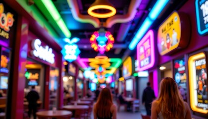 an interior of a vibrant casino with numerous neon signs adorning the ceiling