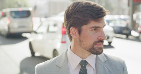 Employee, man and journey to work, city or lawyer on urban street in morning, outdoor and...