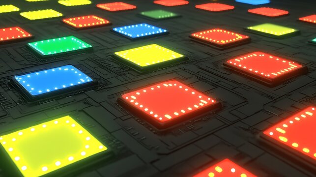 Colorful glowing chips on circuit board