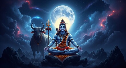 Lord Shiva Meditating under Full Moon, Nandi the Bull Beside Him