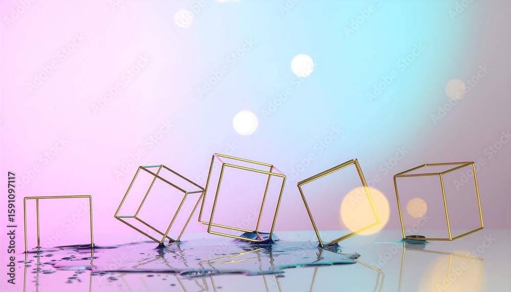 Fototapete abstract geometric composition with gold cubes on liquid surface and gradient background with bokeh 