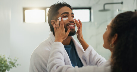 Skincare, eye patches and love with couple in bathroom for beauty, morning routine and diy spa....