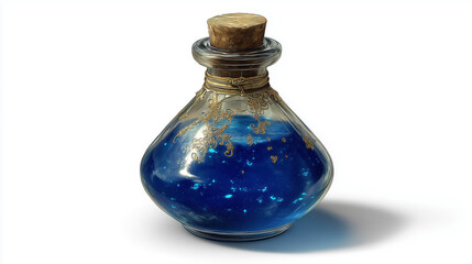 Artistic glass potion bottle with blue liquid.