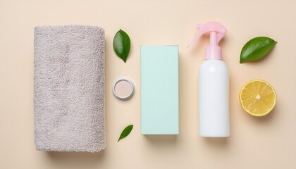 Minimalist spa and beauty flat lay with towel spray bottle box makeup and leaves on beige background