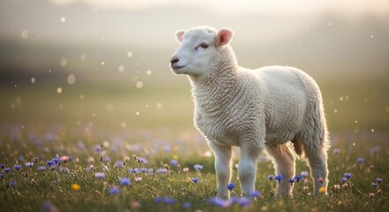 Obraz premium A young lamb stands in a sunlit meadow, surrounded by wildflowers, gazing serenely into the distance.
