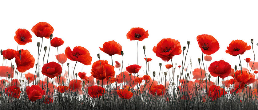 A field of vibrant red poppies isolated on transparent background