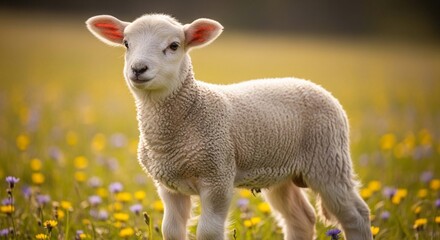 A fluffy white lamb stands in a sunlit meadow filled with yellow wildflowers, its ears perked up, looking towards the viewer.