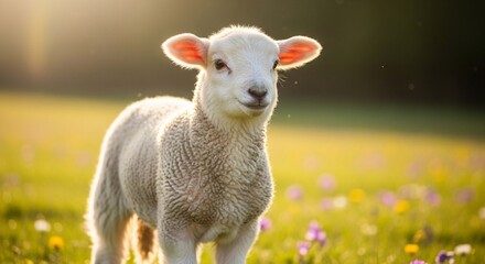 Obraz premium A fluffy white lamb stands in a sunlit meadow, wildflowers blooming around it.