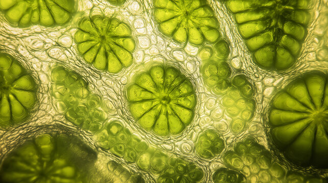 Extreme macro view of microalgae Schizochytrium sp. under the microscope, showing intricate biological textures. Used in Omega-3 and DHA production.