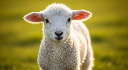 Naklejka premium Close-up of a fluffy white lamb standing in a grassy field, bathed in warm sunlight, looking directly at the viewer.