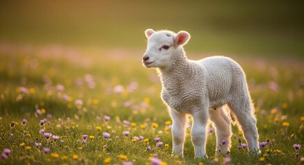 Obraz premium A fluffy lamb stands in a sunlit meadow of wildflowers.