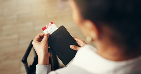 Hands, passport and ticket in lobby on travel for business trip, paperwork and compliance for...