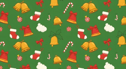 Seamless Pattern of Christmas Icons on Red Background