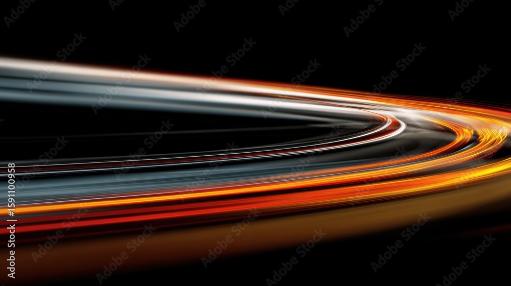 Poster dynamic light trails in vibrant colors create an abstract representation of speed and innovation in 