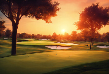 Unbelievable Golf course with green grass and pond at sunset