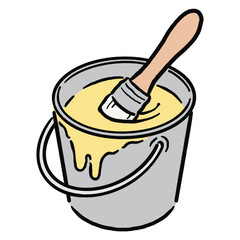 バケツの中に入ったペンキと刷毛_黄色