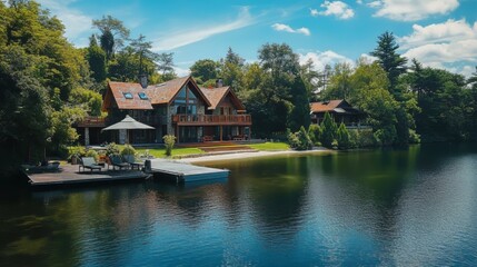 Fototapeta premium Luxury houses with docks and beaches beside a serene lake