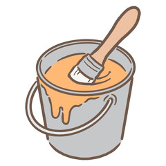 バケツの中に入ったペンキと刷毛_オレンジ