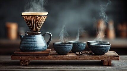 Freshly brewed coffee with steam rising from drip filter on wooden surface, surrounded by empty cups and soft blur, perfect for editorial use or modern minimalist design concepts.
