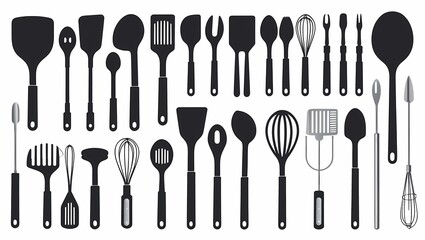 Isolated Different Kitchen Utensil Silhouette Illustrations Set