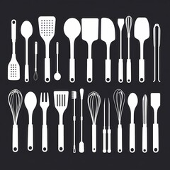 Isolated Different Kitchen Utensil Silhouette Illustrations Set