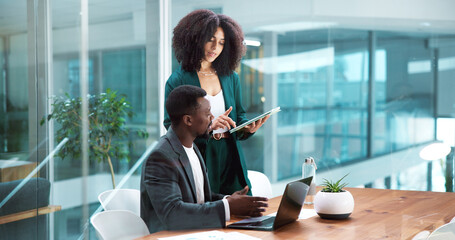 Business people, meeting and discussion with laptop in office, insurance proposal or feedback....