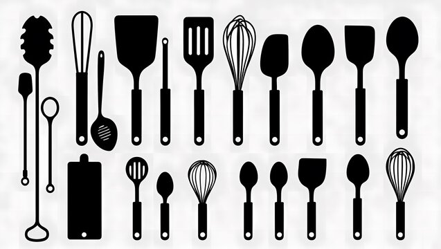 Isolated Different Kitchen Utensil Silhouette Illustrations Set