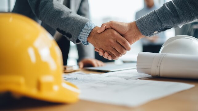 Two professionals shake hands over a construction plan, symbolizing agreement and collaboration in a business deal.