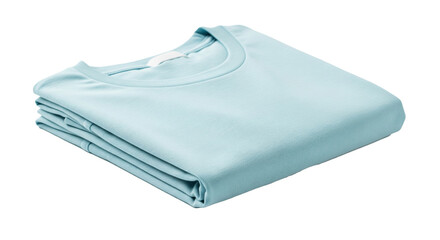 Folded T-shirt: A pristine, neatly folded T-shirt in a serene blue hue sits invitingly, suggesting comfort and minimalist simplicity. This high-angle shot focuses on the garment's perfect form. 
