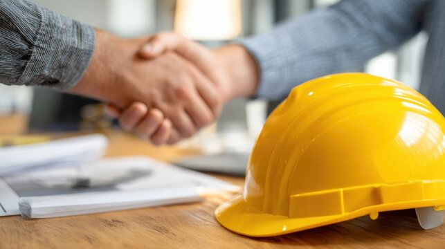 Two professionals shaking hands, symbolizing partnership and collaboration in the construction industry.