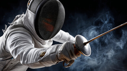 Close-up of a fencer in white uniform and mask holding an epee, dynamic fencing action, competitive sport, precision and strategy, and athletic performance.