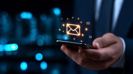 Business Professional Using Mobile Email Communication with Digital Messaging Icons Overlay. Enhancing workplace productivity via smartphone correspondence and digital communication tools.