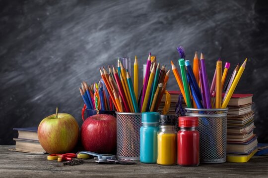 Back to school supplies with books, apples, and pencils on wooden desk background, concept of education and learning