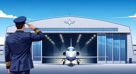 A pilot in uniform salutes a private jet parked inside an airplane hangar on a sunny day.