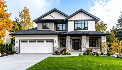 Modern house facade in fall foliage