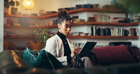 Tablet, reading and typing with business woman for publishing, editing or planning. Author...