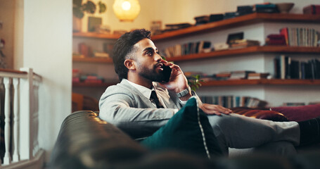 Businessman, relax or sofa with phone call for discussion, conversation or proposal in lounge...