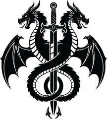 Two black dragons entwined around a medieval sword, forming a powerful, symmetrical emblem.