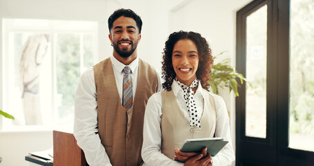Hospitality, portrait and people at hotel reception for customer service, welcome or luxury...