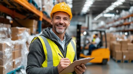 Warehouse Supervisor's Portrait: A smiling warehouse supervisor diligently documents inventory amidst a bustling, orderly warehouse, epitomizing efficiency. - Powered by Adobe