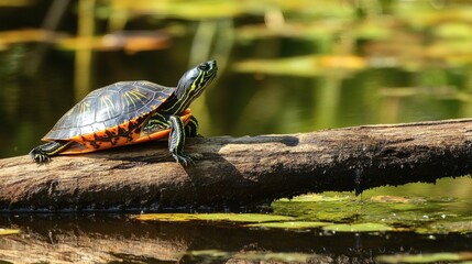 Fototapeta premium Turtle resting on a log in a tranquil pond.